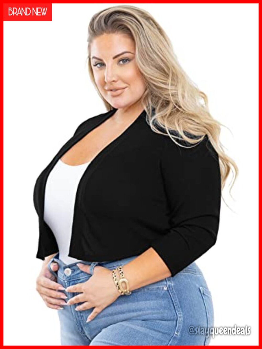 Plus Size Shrug 3/4 Sleeve Lightweight Open Front Knit Cropped Bolero Cardigan